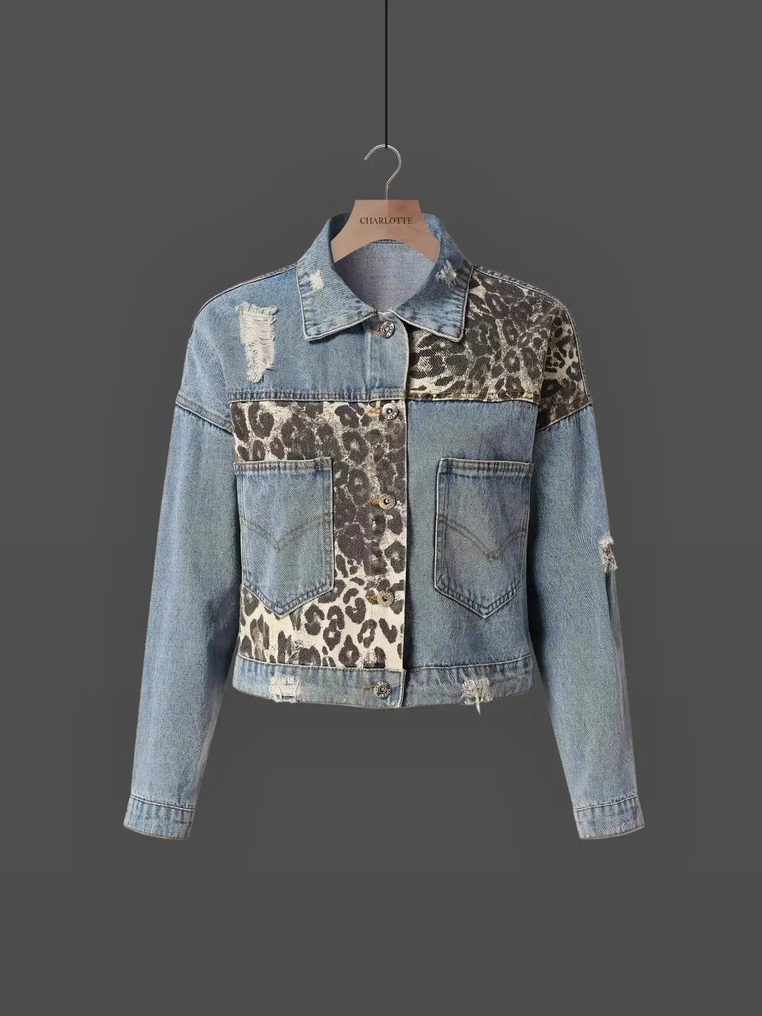 Women's denim jacket featuring a leopard print accent, crafted from durable cotton with a classic fit and button closure.
