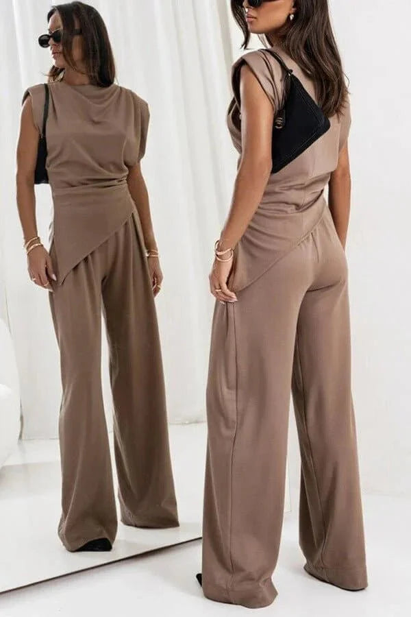 Women's elegant draped two-piece set featuring a lightweight fabric and wide-leg pants for a comfortable, stylish silhouette.