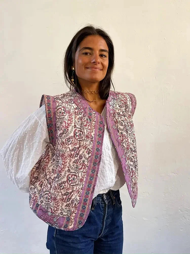 Women's Floral Boho Vest in lightweight cotton; features ethnic print, open front, and a relaxed fit for casual styling.