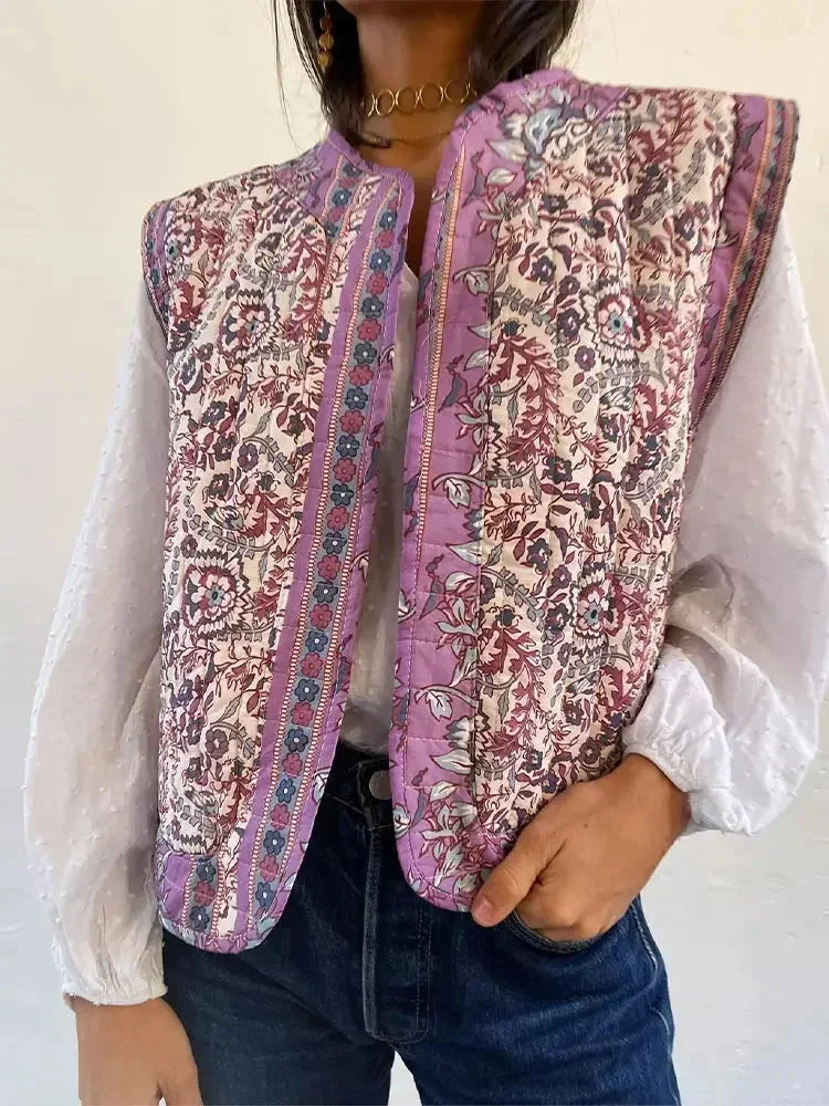 Women's floral boho vest featuring ethnic print in lightweight cotton, with an open-front design and flowy silhouette.