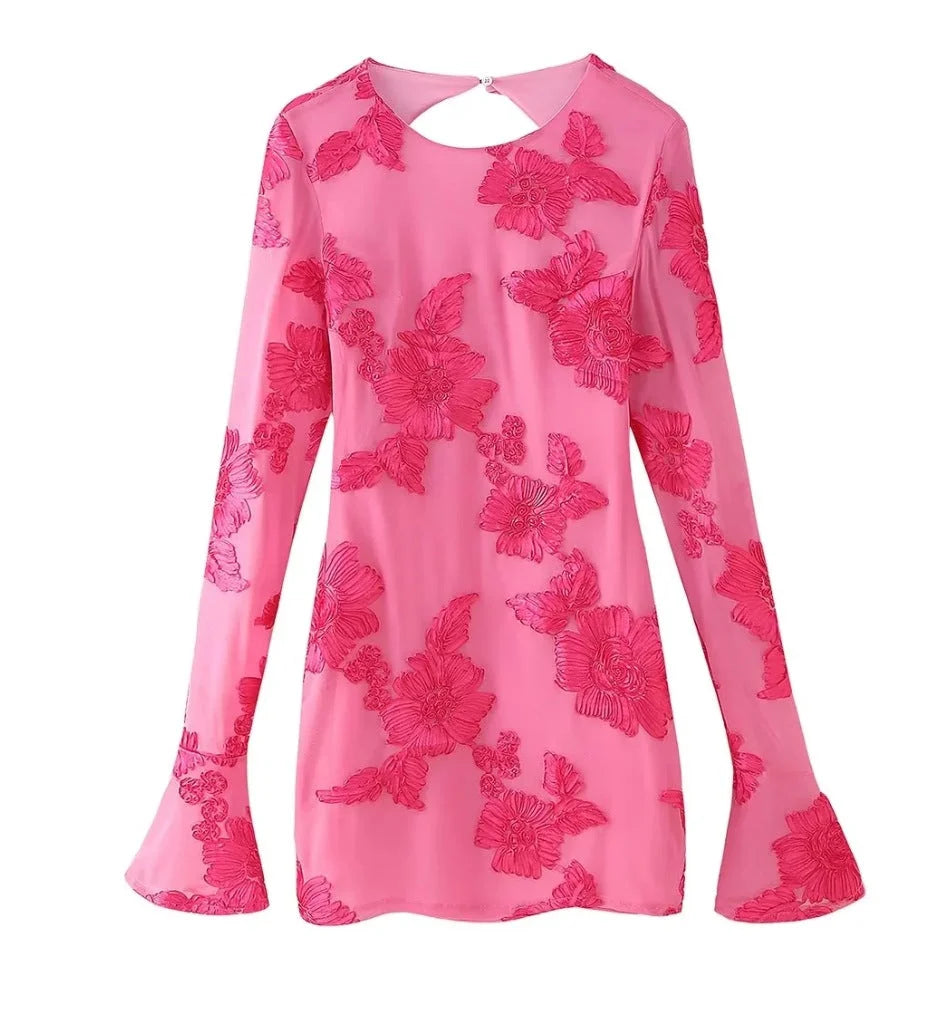 Women's floral mini dress featuring long flared sleeves and lightweight fabric, perfect for casual outings and warm weather.