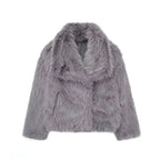 Women's fluffy jacket featuring an oversized collar, made from soft, cozy fabric for warmth and comfort in chilly weather.