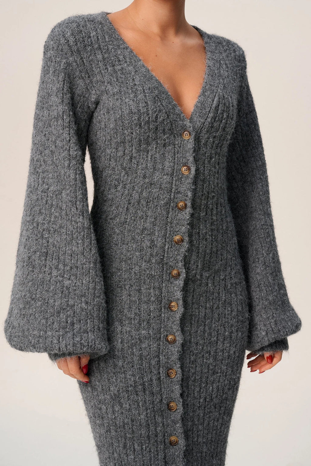 Women's gray maxi dress with button front, long sleeves, made from soft cotton blend for comfort and casual style.