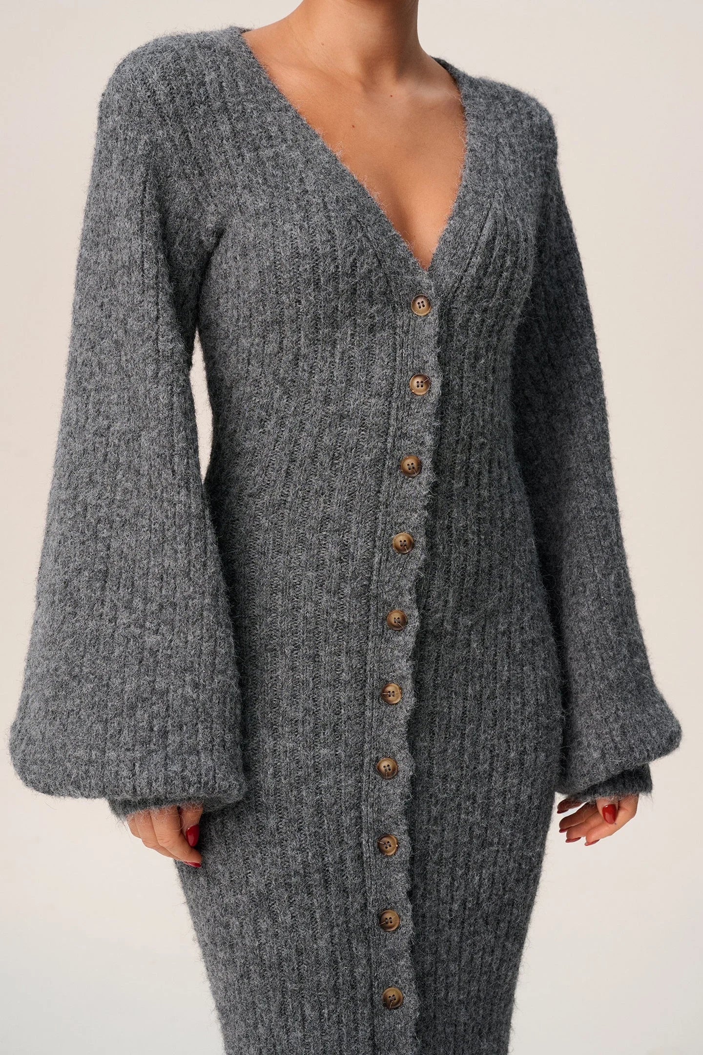 Women's gray maxi dress with button front, long sleeves, made from soft cotton blend for comfort and casual style.