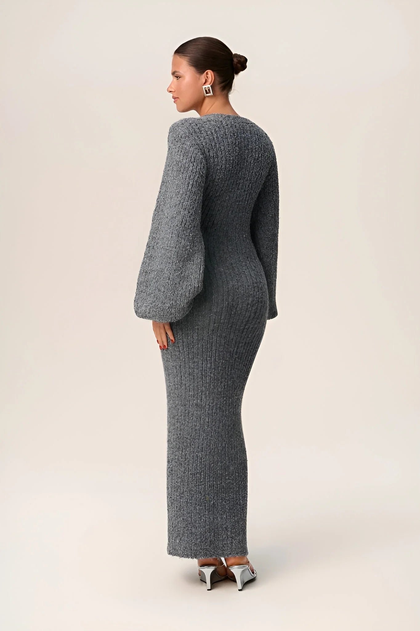Women's gray maxi dress with button front, long sleeves, and soft cotton material, perfect for casual or semi-formal…