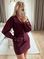 Women’s knit skirt set featuring a long sleeve top, crafted from soft, breathable fabric with a comfortable, stylish design.