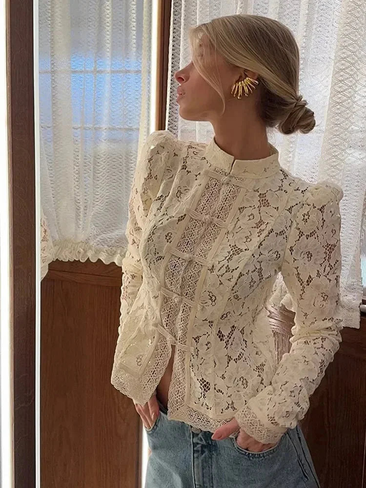 Women's lace blouse featuring a stand neck, long sleeves, and intricate lace detailing, perfect for elegant occasions.
