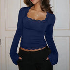 Women's long sleeve top with lace trim, made from soft cotton blend, featuring a relaxed fit and delicate neckline detail.