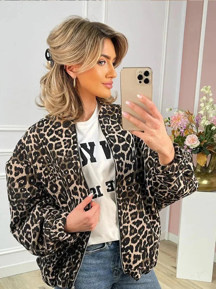 Women's leopard print bomber jacket made of lightweight fabric with ribbed cuffs and a flat collar, perfect for casual wear.