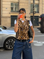 Women's leopard print casual vest made of soft cotton blend with adjustable straps and a relaxed fit for everyday wear.