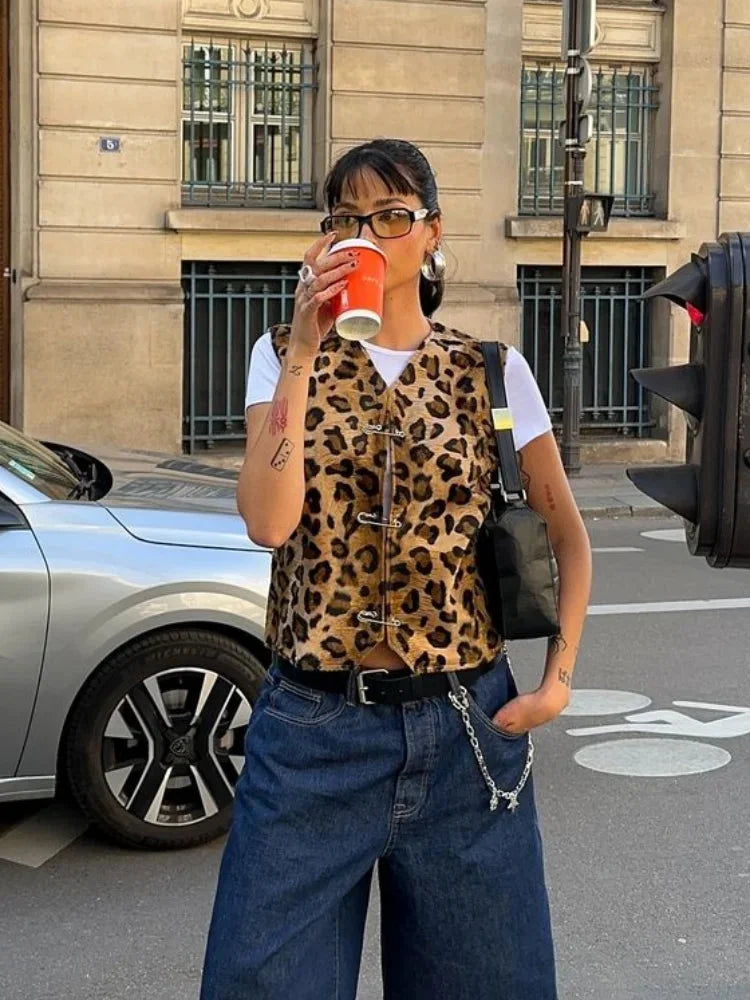 Women's leopard print casual vest made of soft cotton blend with adjustable straps and a relaxed fit for everyday wear.