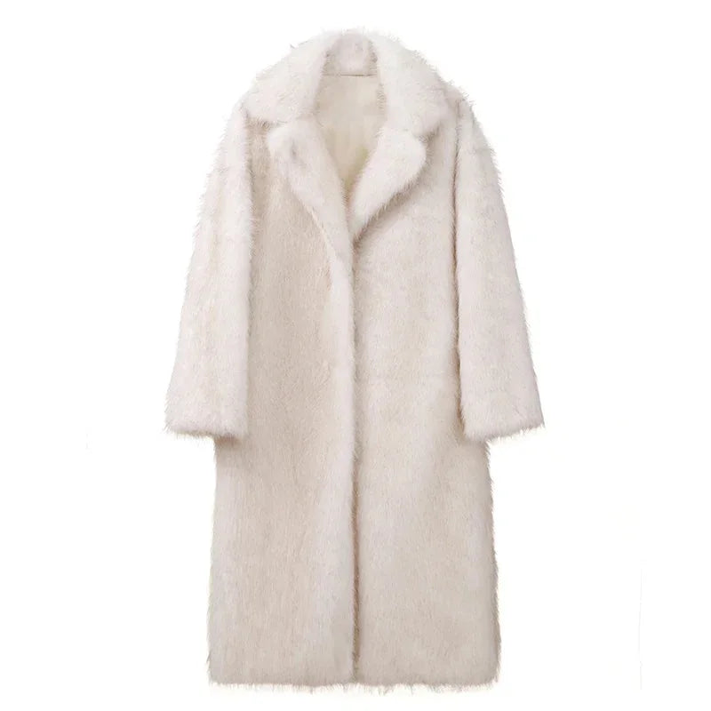 Women's long faux fur coat in soft, fluffy material, perfect for winter, featuring a cozy hood and two side pockets.