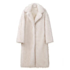 Women's long faux fur coat in soft, fluffy material, perfect for winter, featuring a cozy hood and two side pockets.