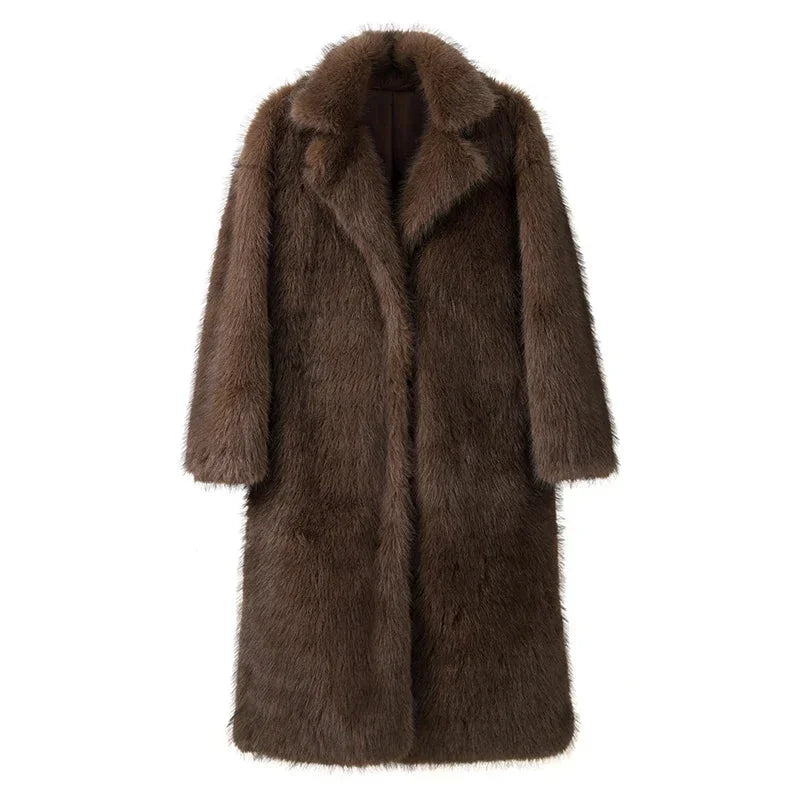 Women's long faux fur coat in soft, fluffy material featuring a cozy design perfect for winter wear.