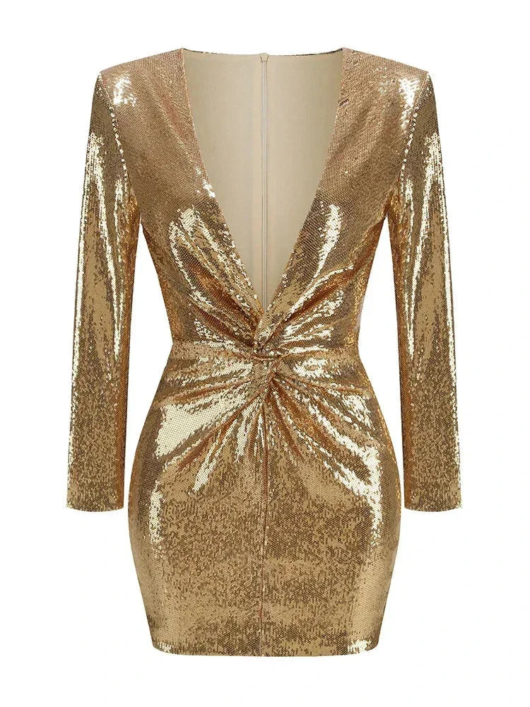 Gold sequined long-sleeve mini dress for women, featuring a fitted silhouette and shimmering detail for party occasions.