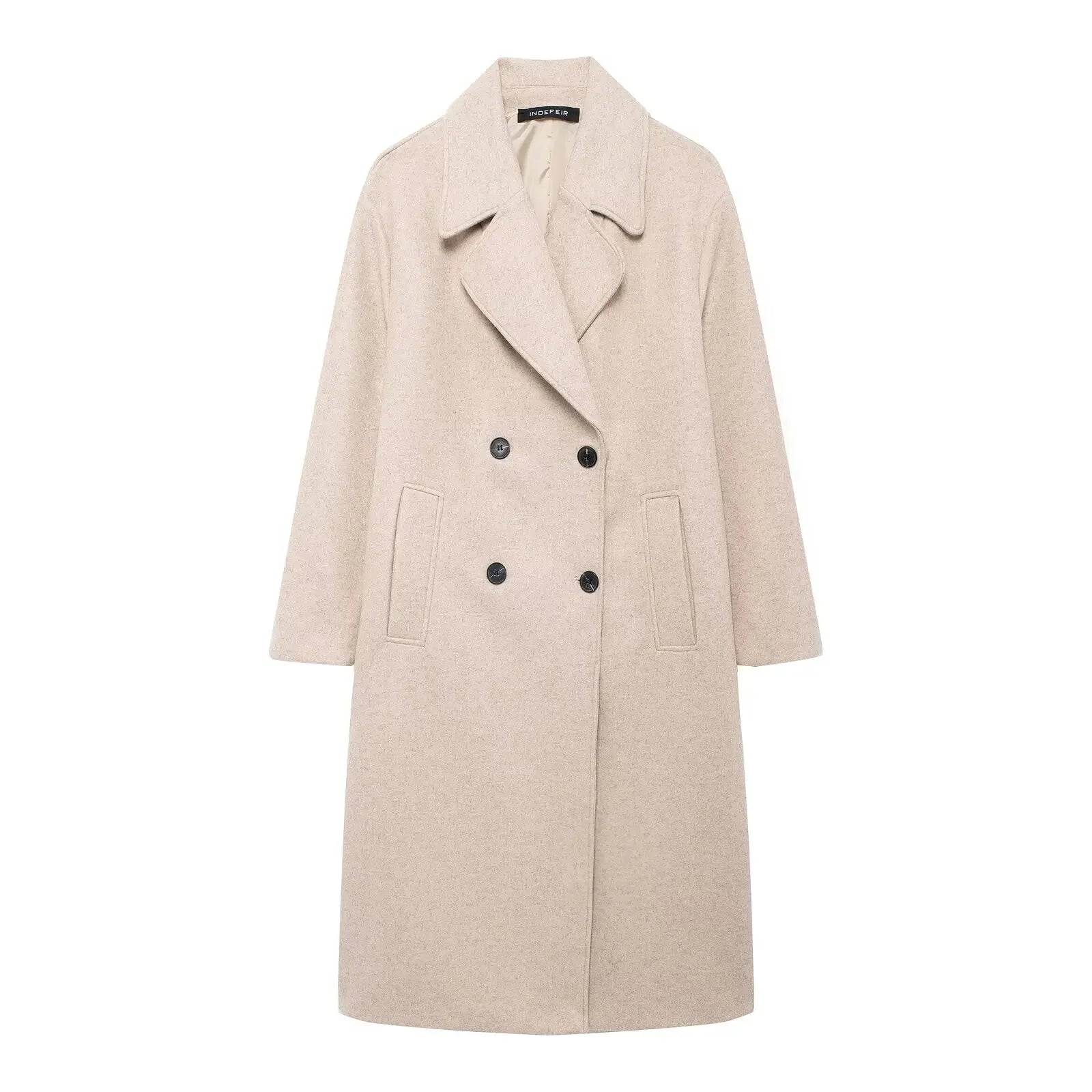 Women's long structured coat with an oversized fit, featuring durable fabric, wide sleeves, and angled pockets for added…