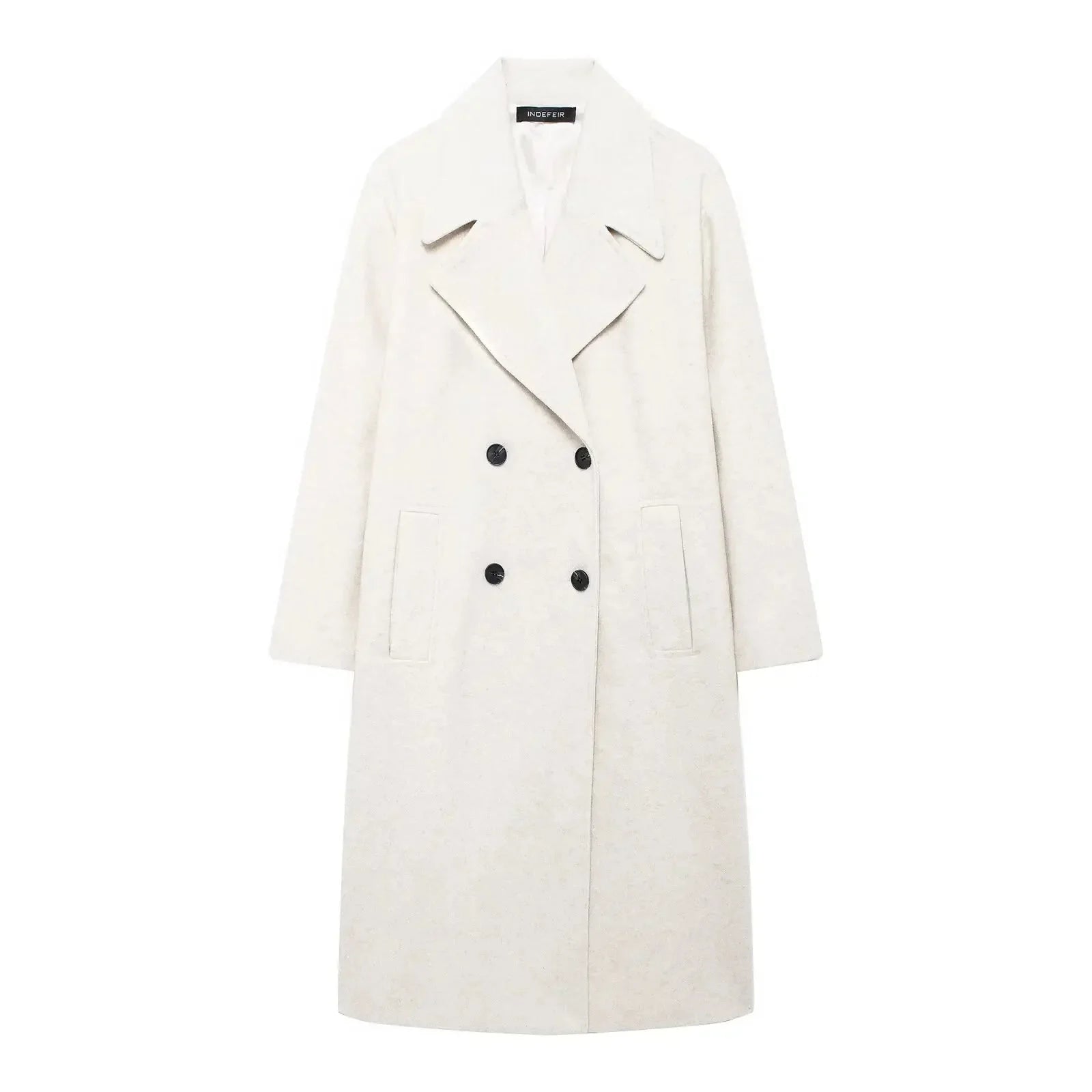 Women's long structured coat in a loose fit, made of durable fabric with a sleek silhouette and oversized pockets.