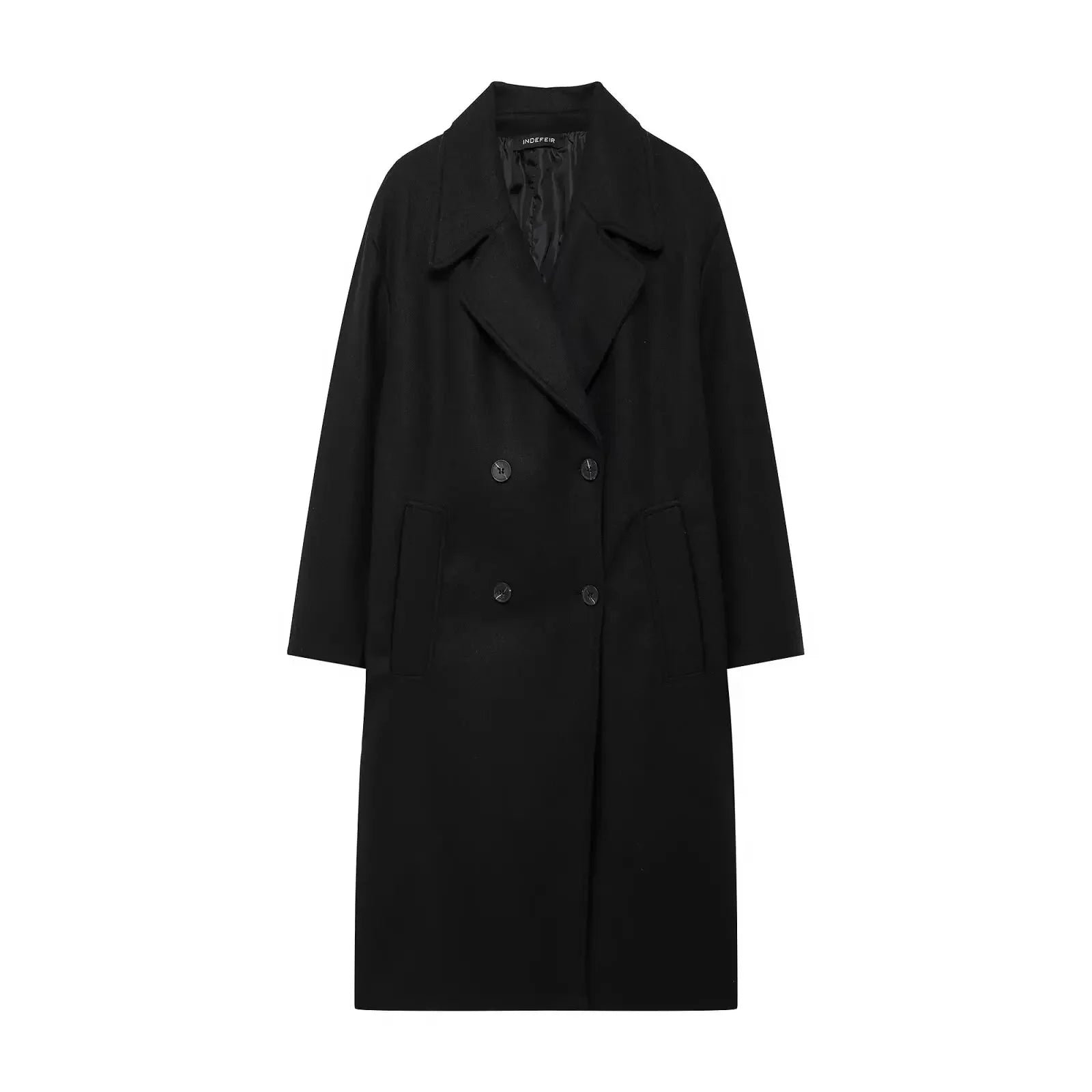 Women's long structured coat with oversized fit, featuring durable fabric, a modern silhouette, and spacious pockets for…