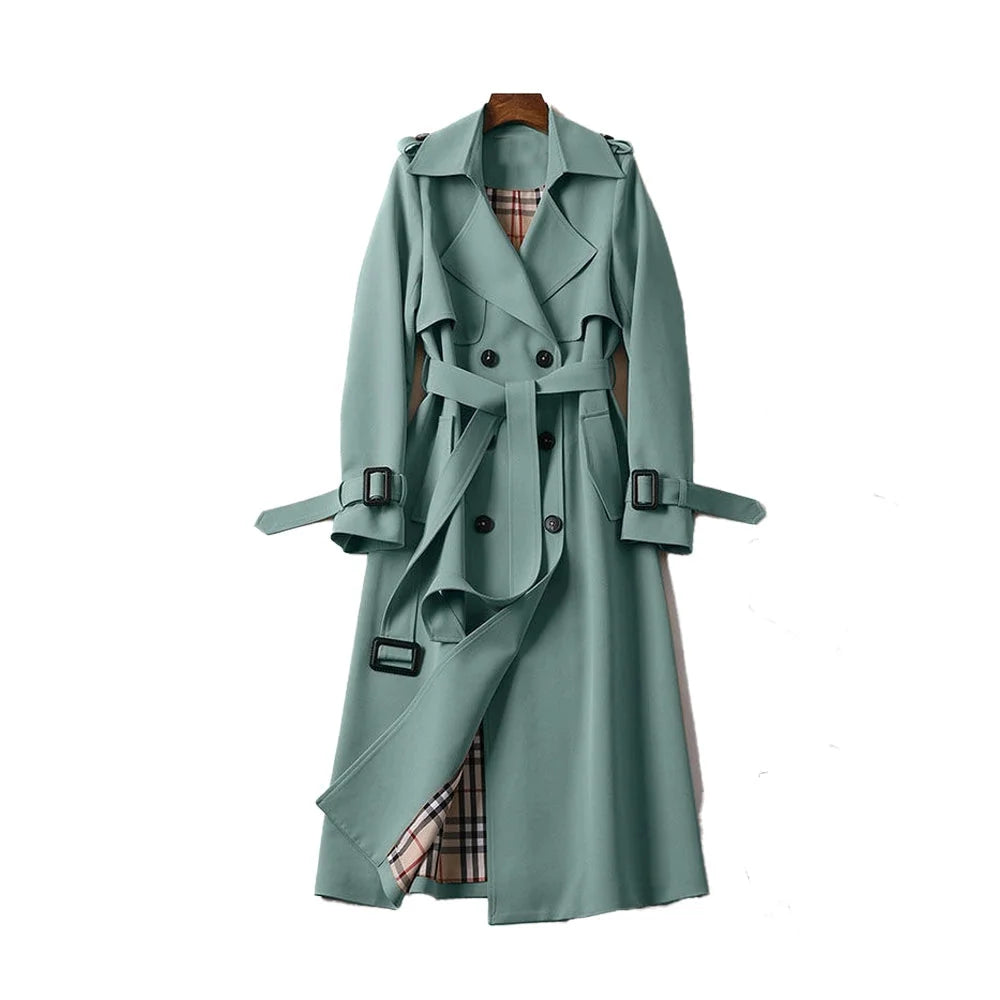 Women's long trench coat in durable fabric, featuring a belted waist and stylish lapels for a classic silhouette.