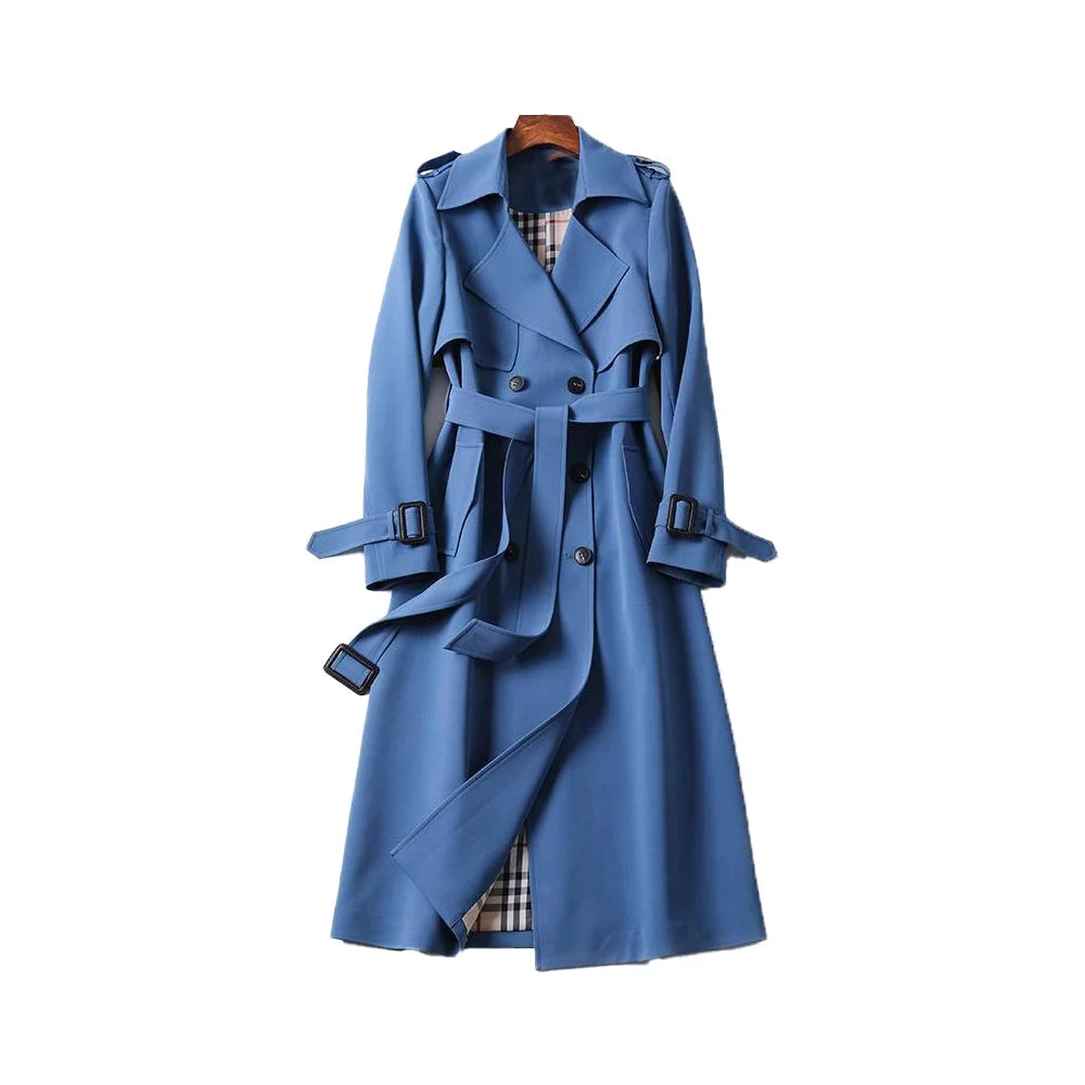 Women's long trench coat in cotton blend, featuring a belted waist, classic lapels, and tailored fit for stylish warmth.