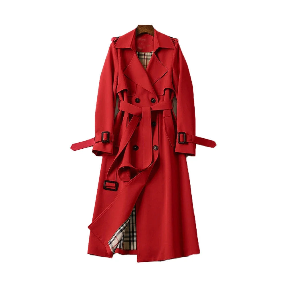 Women's long trench coat featuring a belted waist, classic lapels, and durable fabric for versatile layering in any season.