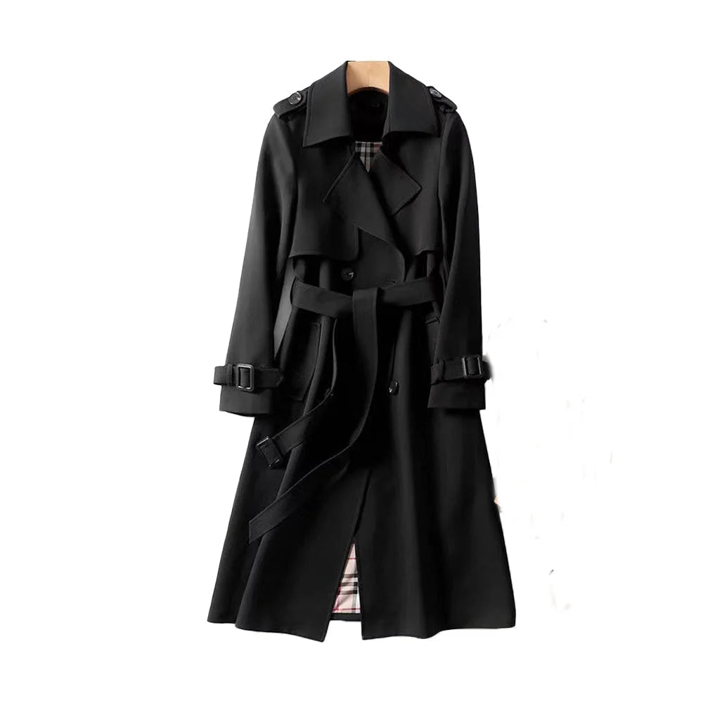 Women's long trench coat in durable fabric, featuring a belted waist and classic lapels for a stylish, tailored look.