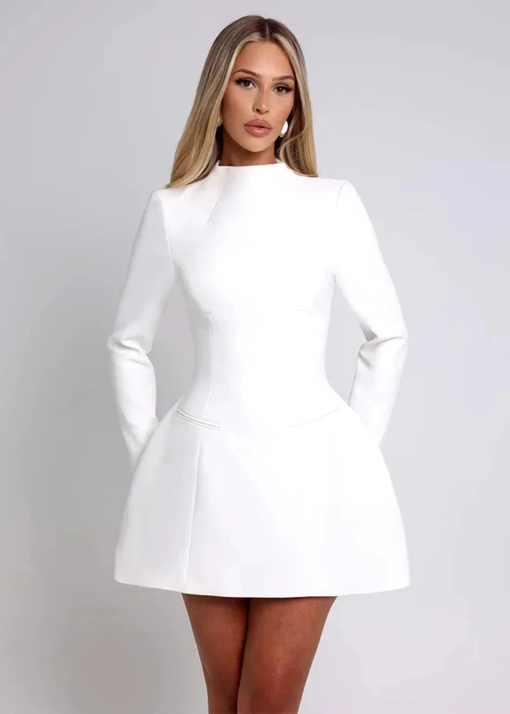 Lightweight women's mini dress featuring flared long sleeves and an open back design for a stylish, breezy look.