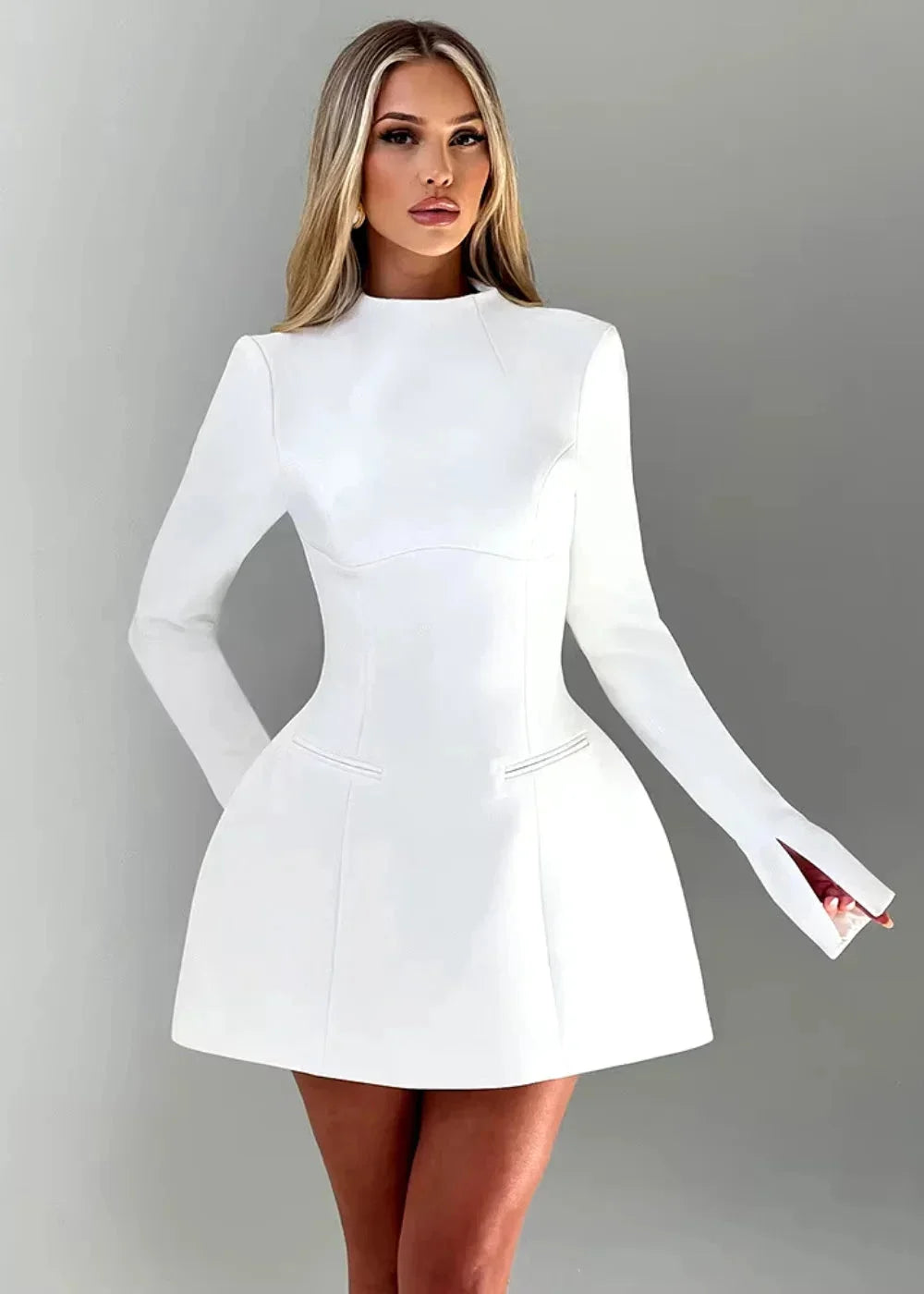 Women's mini dress with flared long sleeves, open back design, crafted from lightweight fabric for a breezy, comfortable fit.