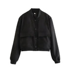 Women's modern bomber jacket in lightweight fabric, featuring front pockets and a sleek, tailored fit for everyday wear.