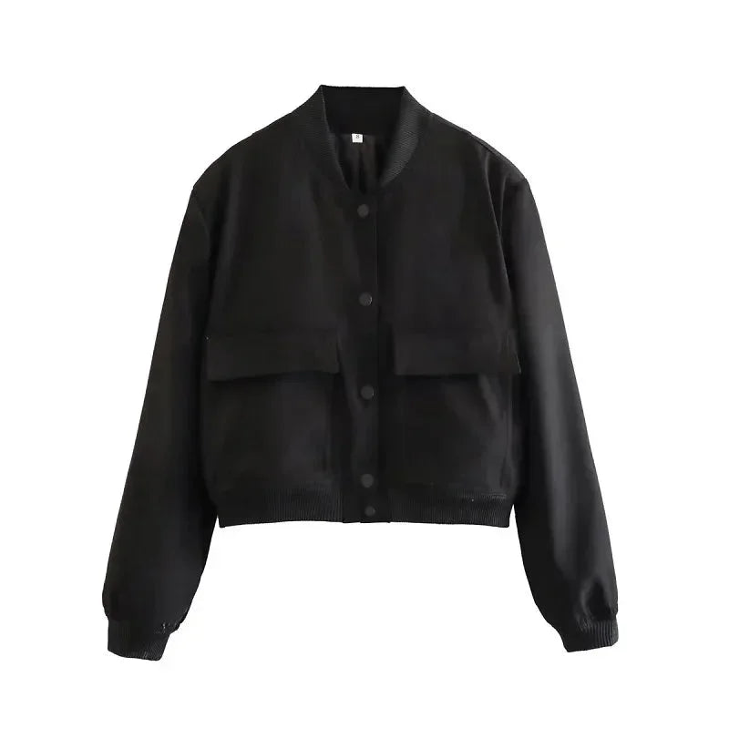 Women's modern bomber jacket in lightweight fabric, featuring front pockets and a sleek, tailored fit for everyday wear.