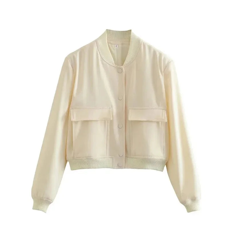 Women’s bomber jacket in durable fabric featuring a modern cut, front pockets, and ribbed cuffs for a stylish casual look.