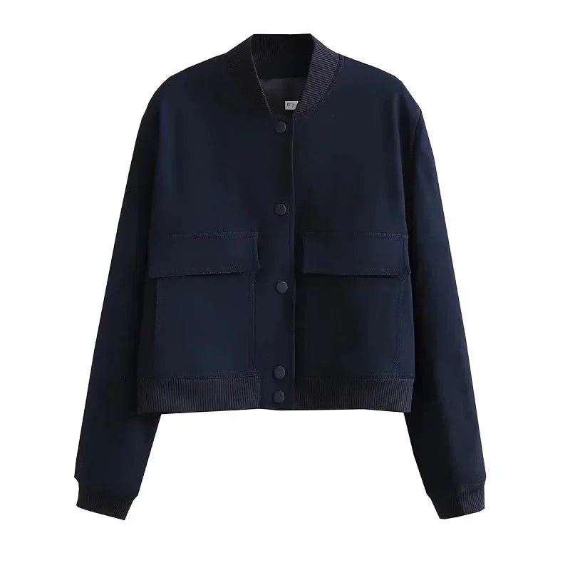 Lightweight women's bomber jacket in navy, featuring front pockets and ribbed cuffs for a casual, modern look.