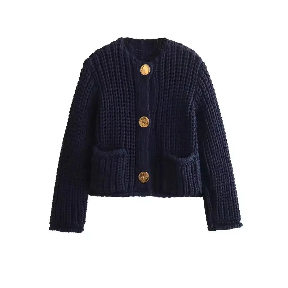 Women's navy buttoned cardigan in soft knit, featuring a relaxed fit and classic design for everyday comfort.