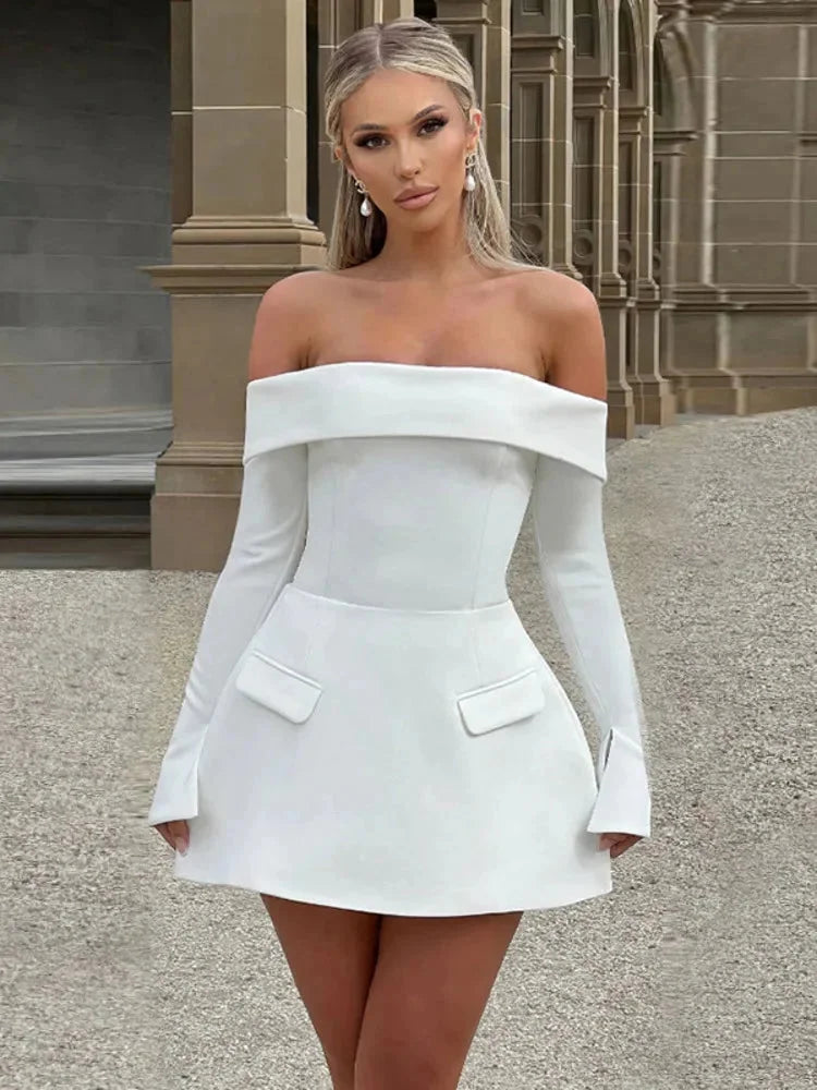 Women's off-shoulder skater dress with long sleeves, made from soft cotton blend for a comfortable and stylish fit.