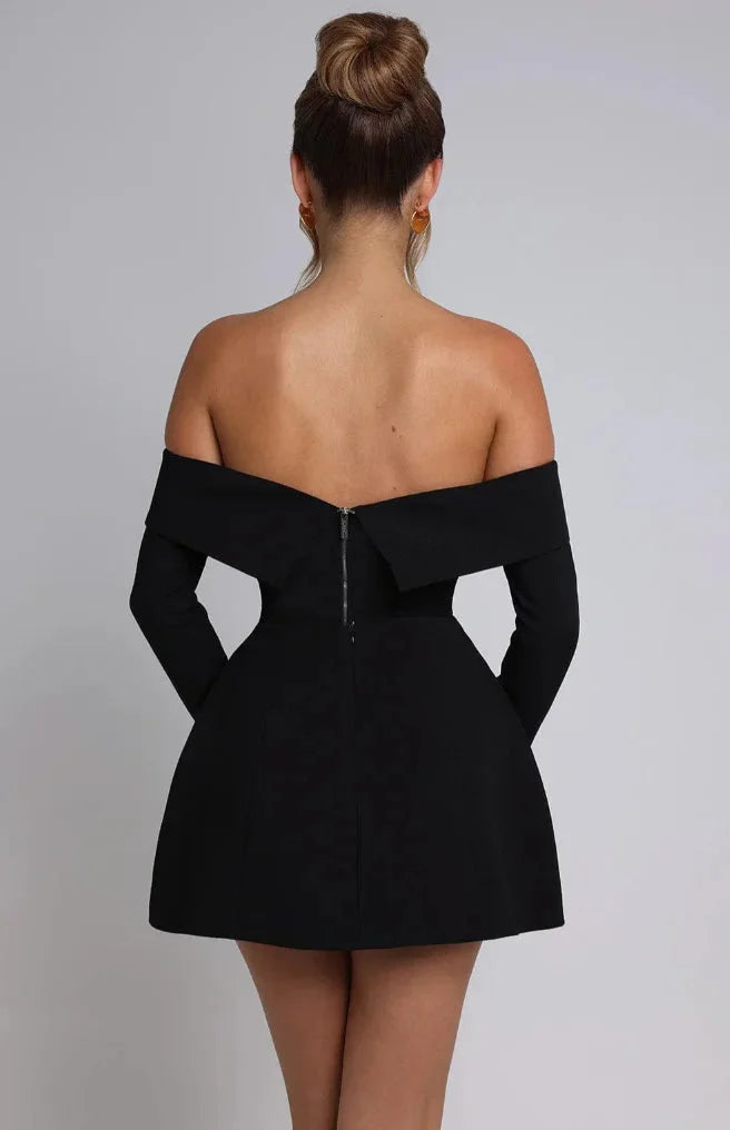 Women's off-shoulder skater dress featuring long sleeves, made of soft cotton blend with a flared skirt for a comfortable…