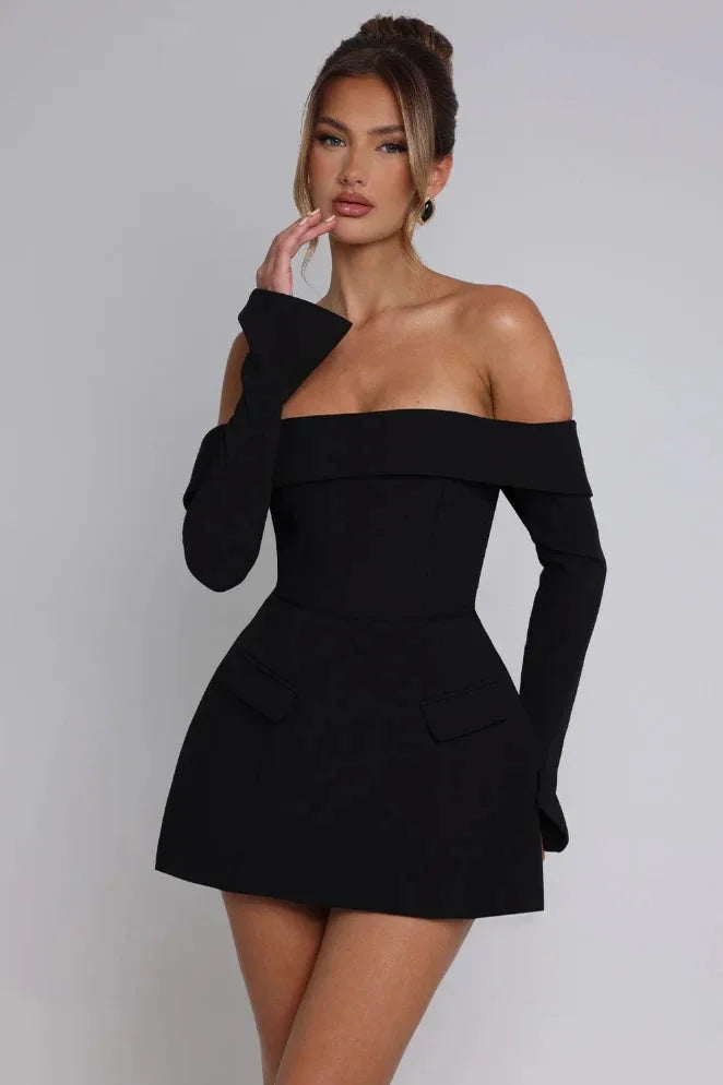 Women's off-shoulder skater dress with long sleeves, made from soft fabric, featuring a flared skirt and elegant neckline.