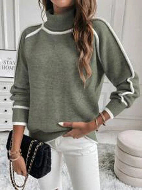 Olive turtleneck sweater for women with white accents, made from soft cotton blend, featuring a cozy, fitted design.