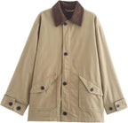 Women's oversized barn jacket featuring a soft fabric and a stylish corduroy collar, perfect for casual layering and comfort.