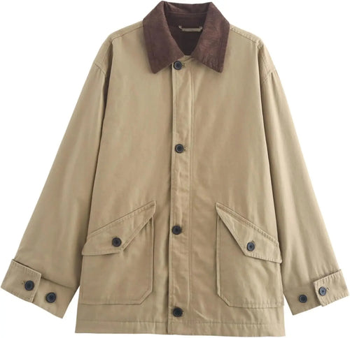 Women's oversized barn jacket featuring a soft fabric and a stylish corduroy collar, perfect for casual layering and comfort.