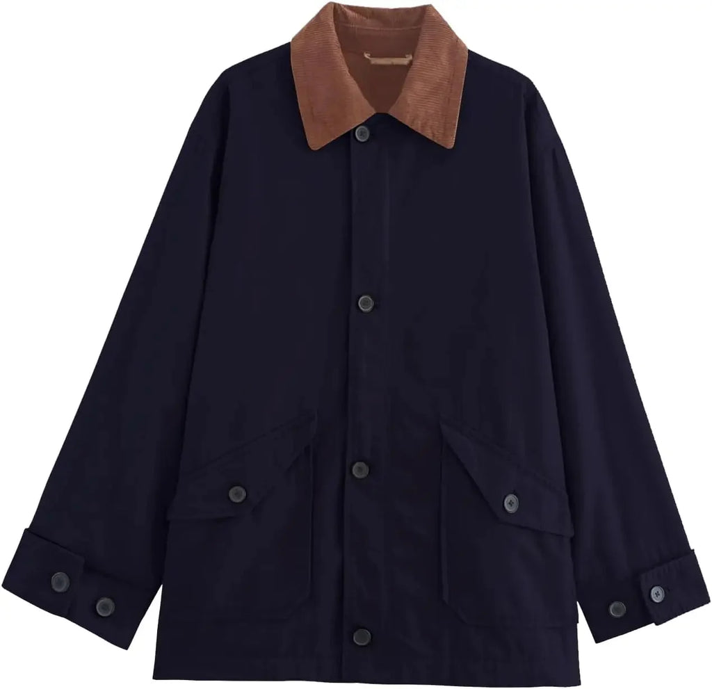 Women’s oversized barn jacket featuring a corduroy collar, made from durable cotton with large pockets for practicality.