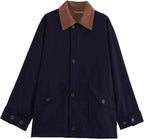 Women’s oversized barn jacket featuring a corduroy collar, made from durable cotton with large pockets for practicality.