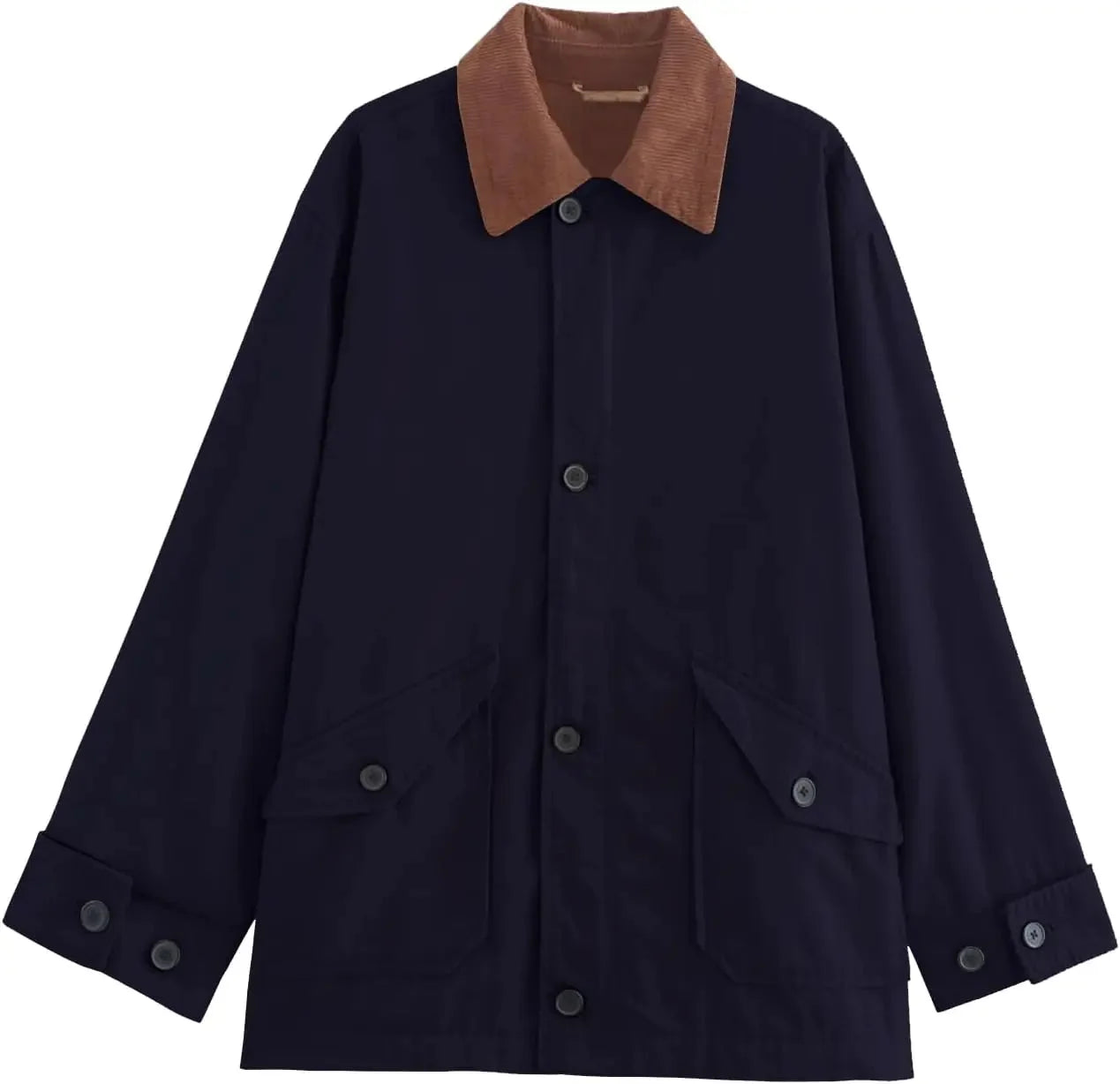 Women’s oversized barn jacket featuring a corduroy collar, made from durable cotton with large pockets for practicality.
