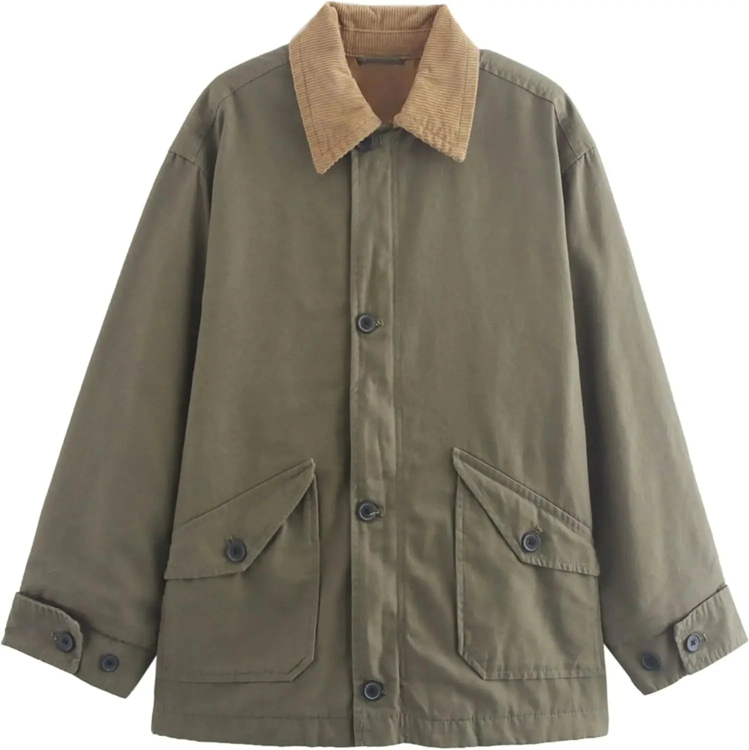Women's oversized barn jacket featuring a corduroy collar, crafted from durable fabric for comfort and casual style.