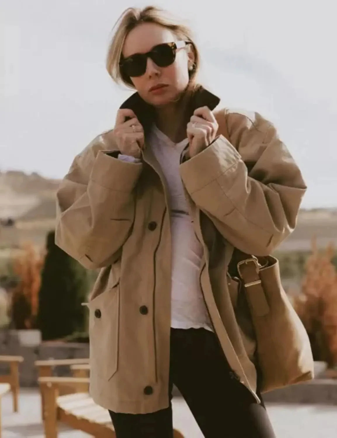 Women's oversized barn jacket featuring a corduroy collar, made from durable cotton fabric for a relaxed, casual look.