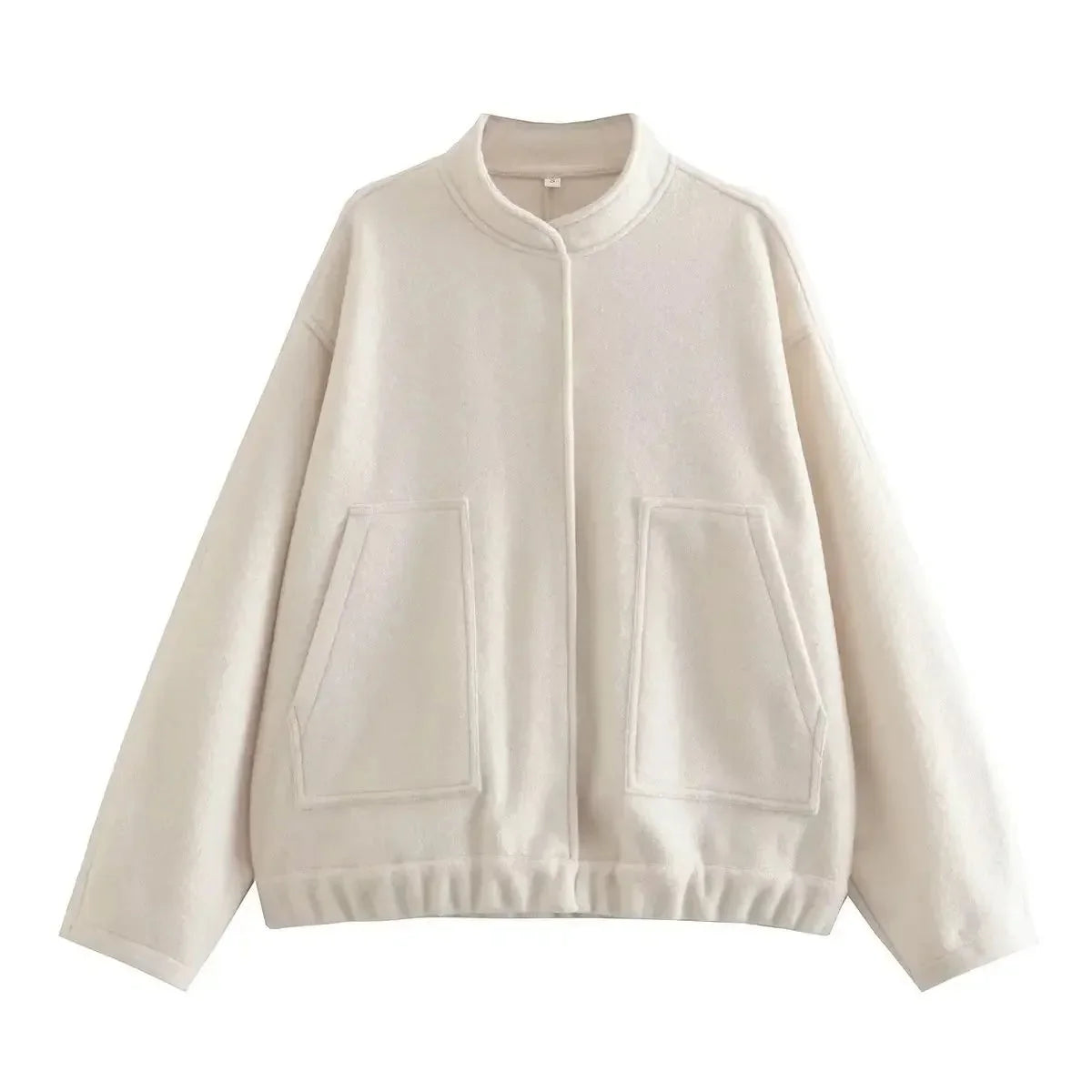 Women's oversized casual bomber jacket featuring a button-front, made from soft fabric with ribbed cuffs and a relaxed fit.