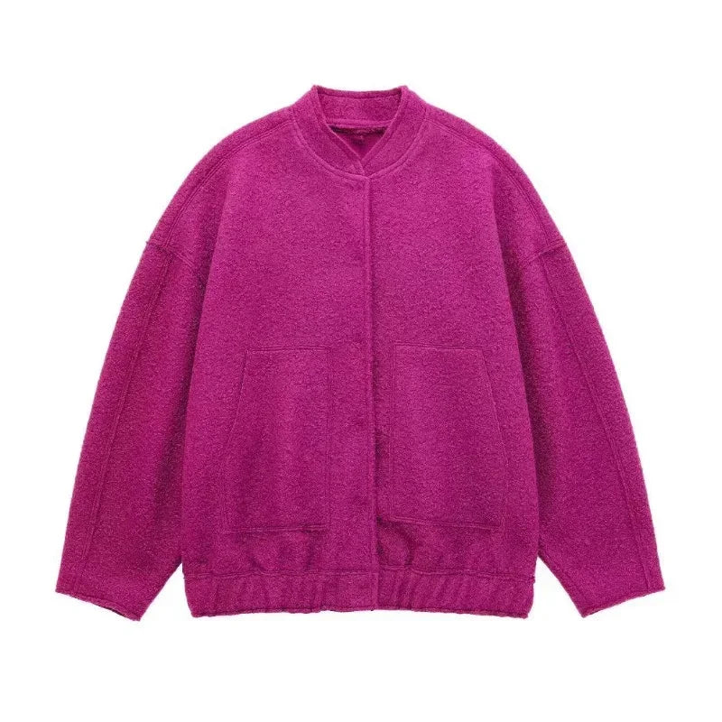 Women's oversized casual bomber jacket in soft cotton blend with button-front closure and ribbed cuffs for a relaxed fit.