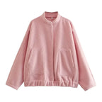 Women's oversized bomber jacket with button-front, made from lightweight fabric, featuring a relaxed fit and practical…