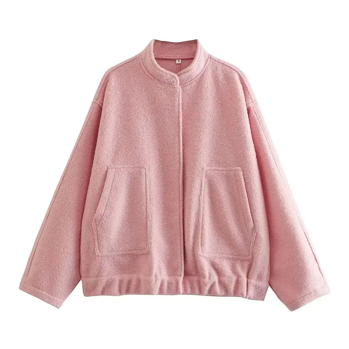 Women's oversized bomber jacket with button-front, made from lightweight fabric, featuring a relaxed fit and practical…