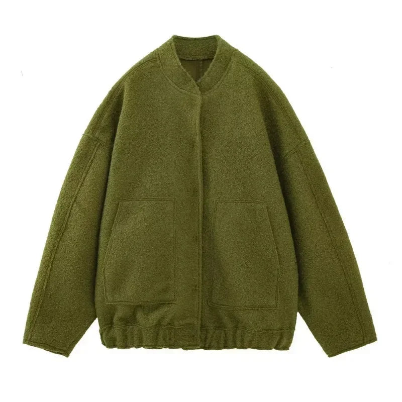 Women's oversized casual bomber jacket featuring a button-front design, made from soft, durable fabric in a versatile style.