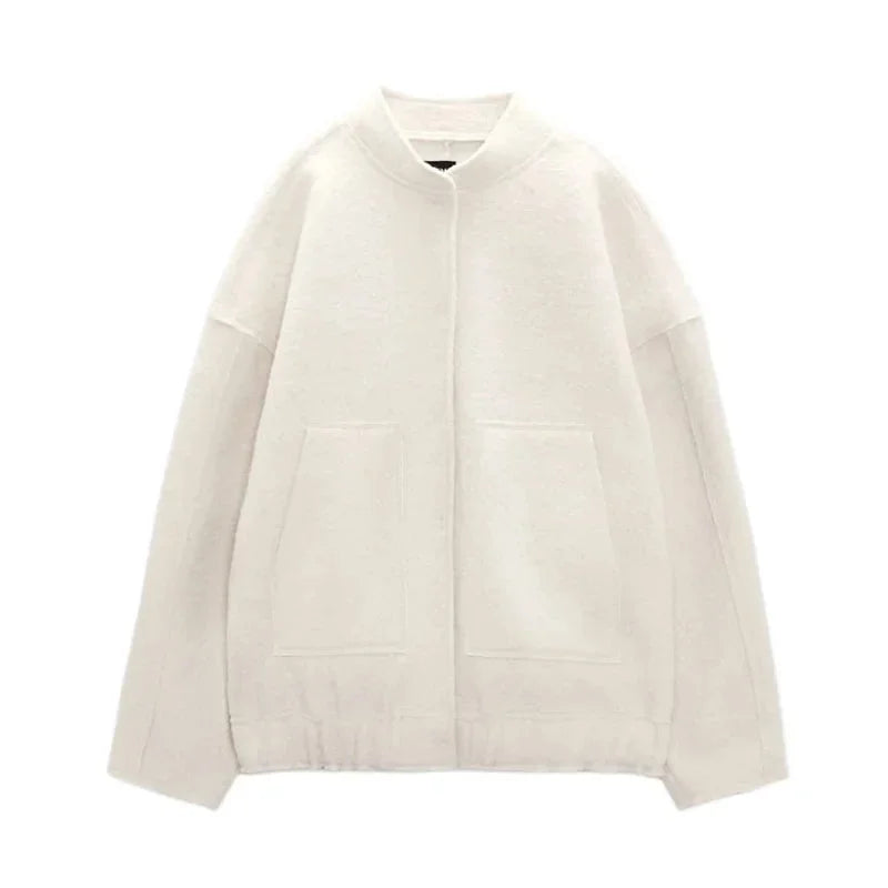 Women's oversized casual bomber jacket featuring a button-front, made from soft cotton blend with ribbed cuffs and hem.